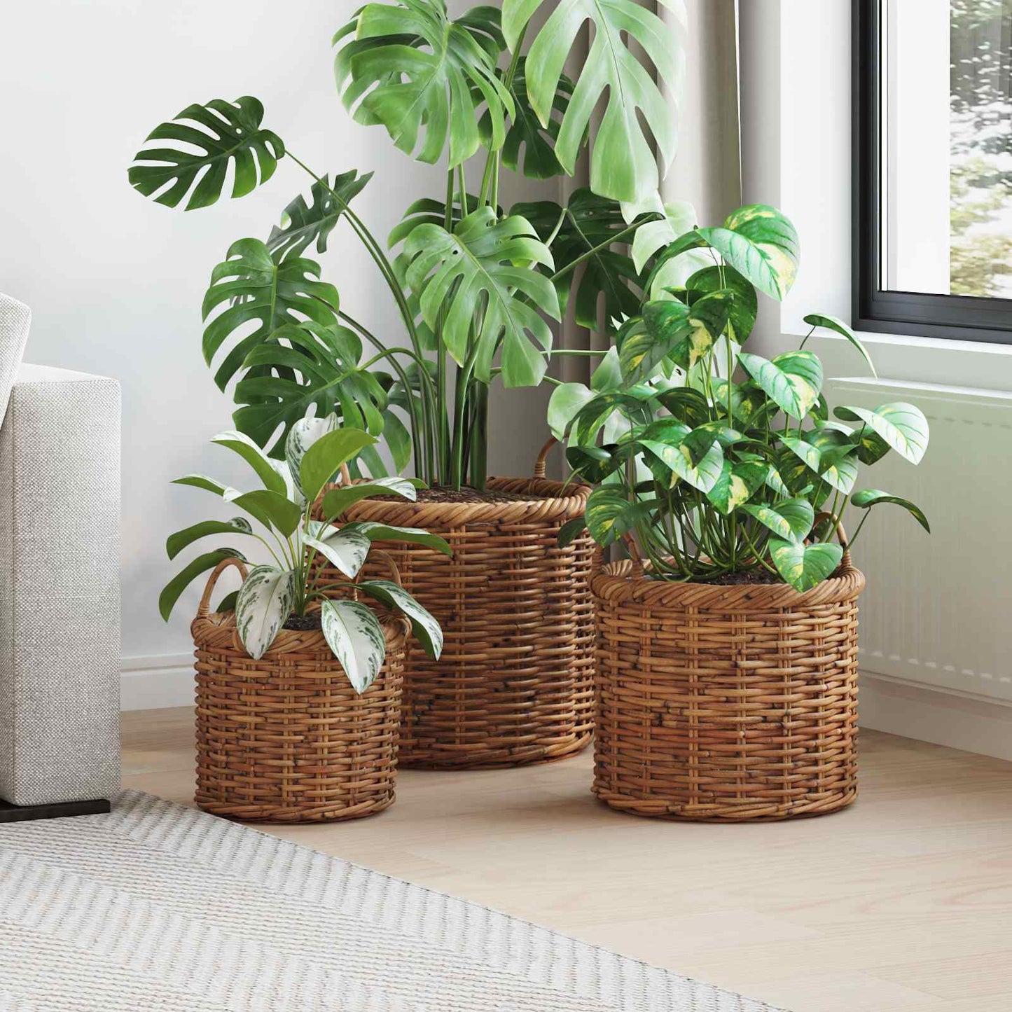 Flower Pot Basket with Storage 3 pcs Brown Kubu Rattan
