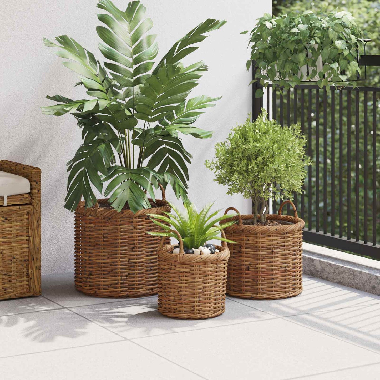 Flower Pot Basket with Storage 3 pcs Brown Kubu Rattan