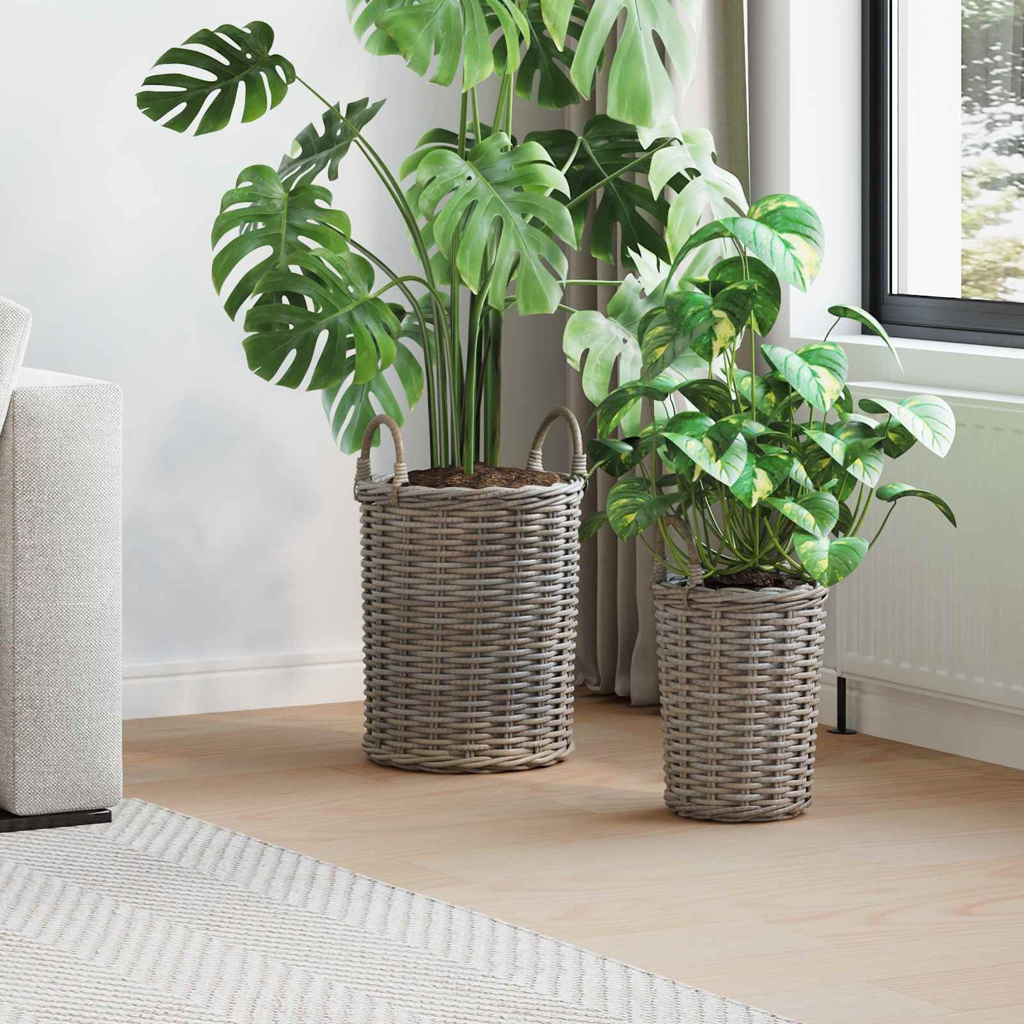 Flower Pot Basket with Storage 2 pcs Grey Kubu Rattan