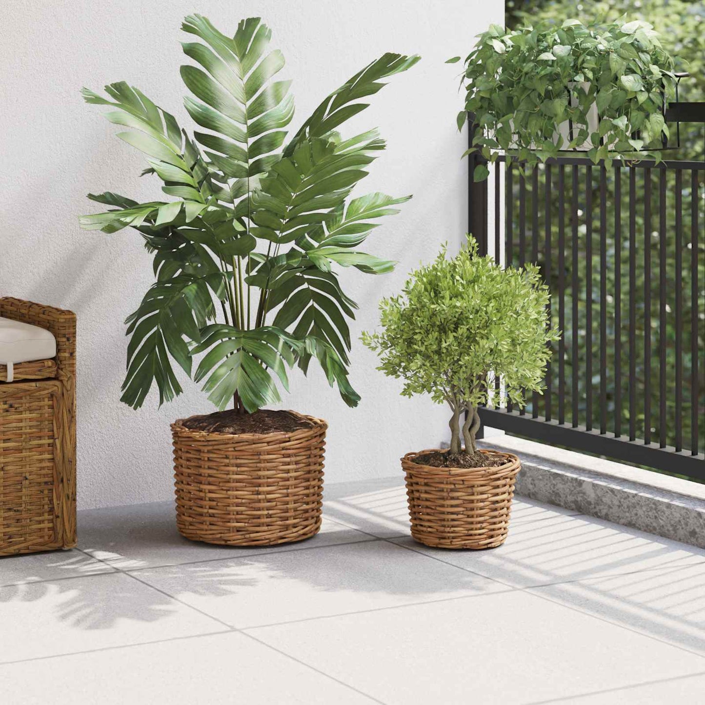 Flower Pot Basket with Storage 2 pcs Brown Kubu Rattan