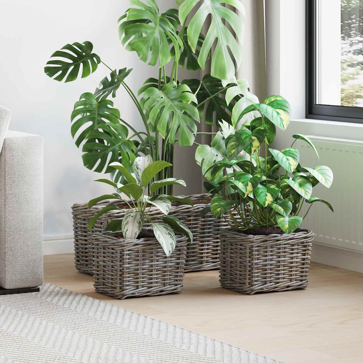 Flowerpot Basket with Storage 3 pcs Grey Kubu Rattan