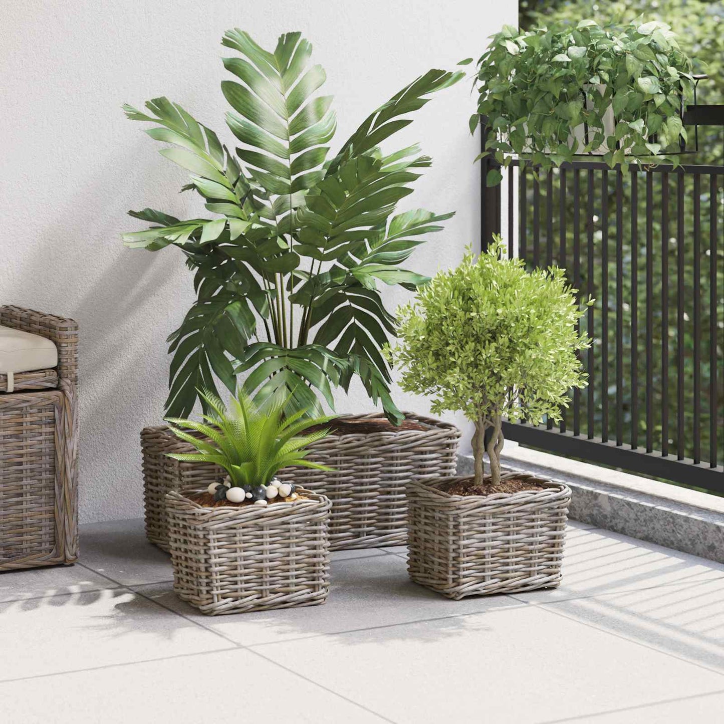 Flowerpot Basket with Storage 3 pcs Grey Kubu Rattan