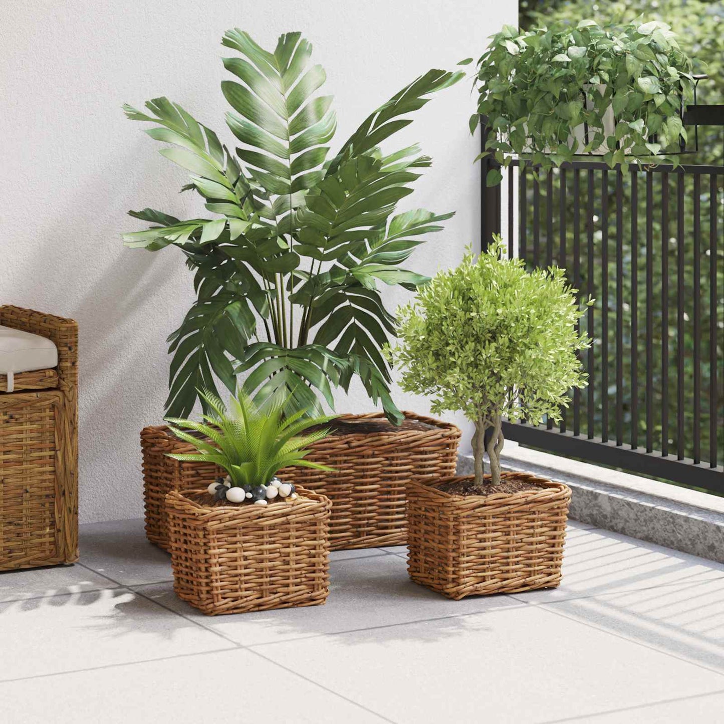 Flowerpot Basket with Storage 3 pcs Brown Kubu Rattan