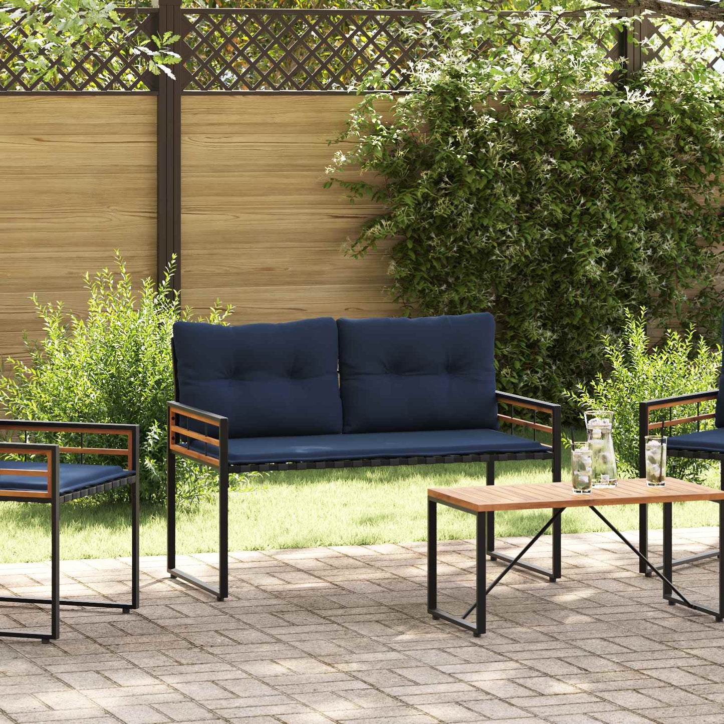 Holz-Lagenbank mit Kissen Uni Marineblau 114 x 55 x 77 cm
