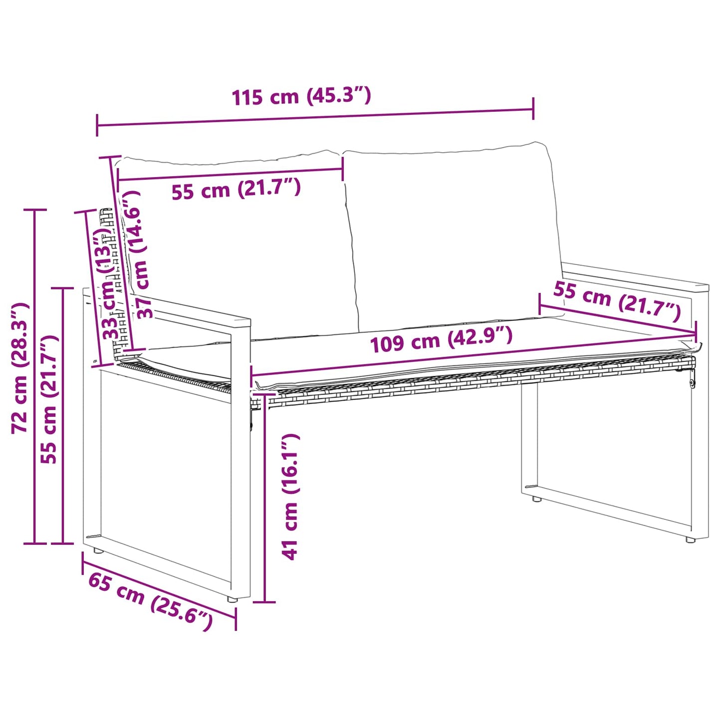 Bank mit Kissen Beige und Cremeweiß 115 x 65 x 72 cm Rattan