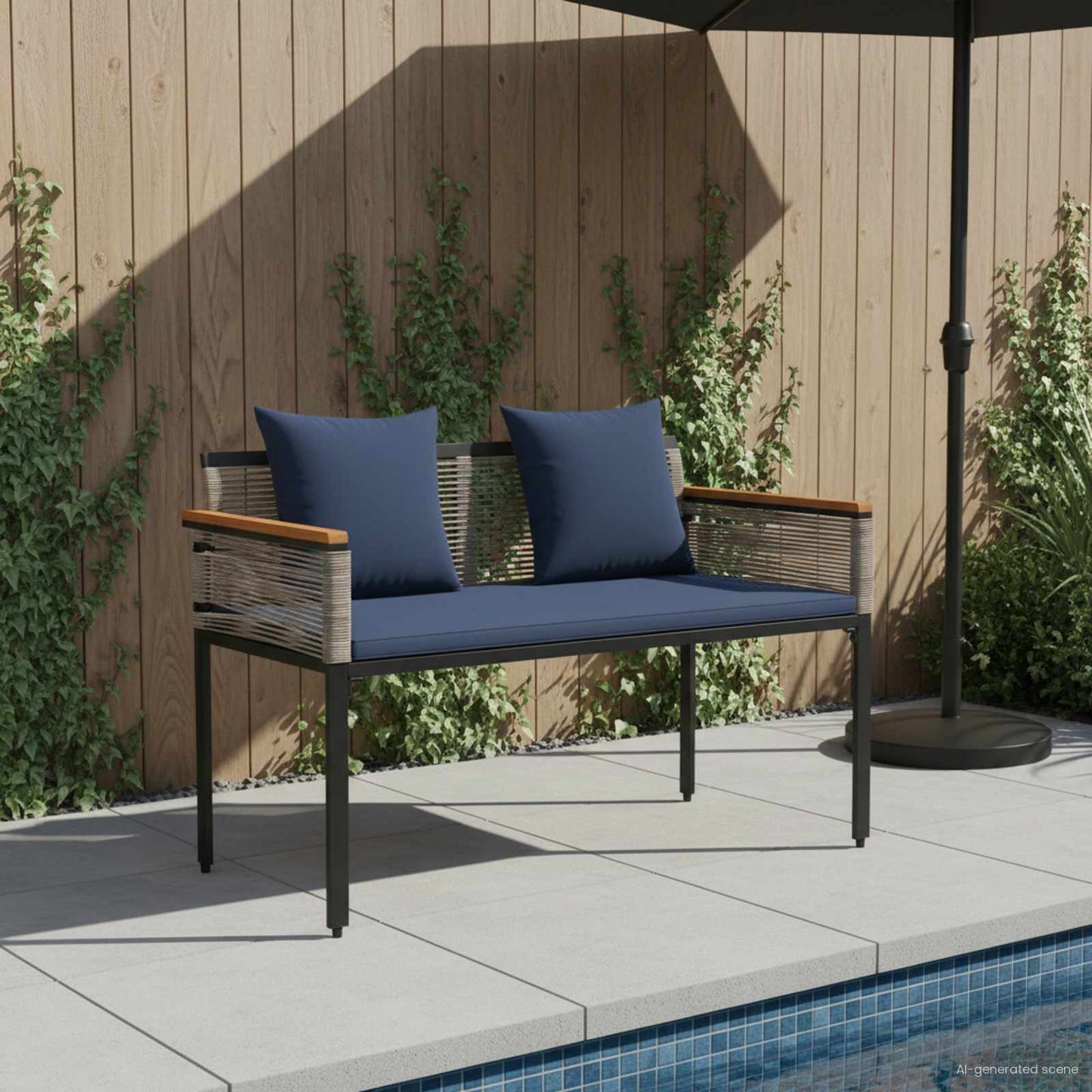 Bank Outdoor Grau und Marineblau 117 x 54 x 74,5 cm Poly-Rattan