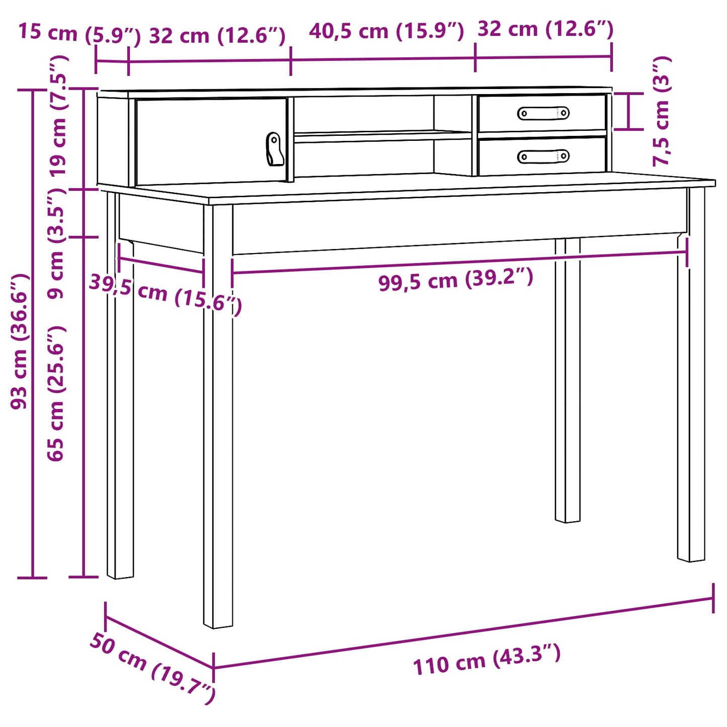 Schreibtisch Wachsbraun 110 x 50 x 93 cm Massives Kiefernholz