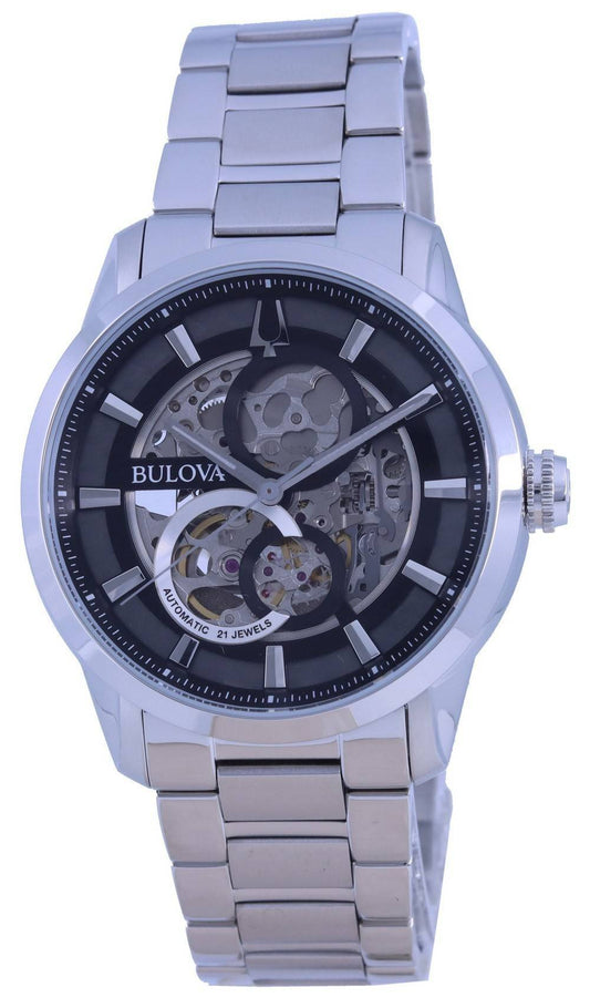 Bulova Classic Skeleton Schwarzes Zifferblatt Edelstahl Automatik 96A208 Herrenuhr