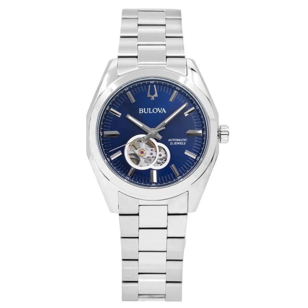 Bulova Classic Surveyor Edelstahl Blue Open Heart Dial Automatik 96A275 Herrenuhr