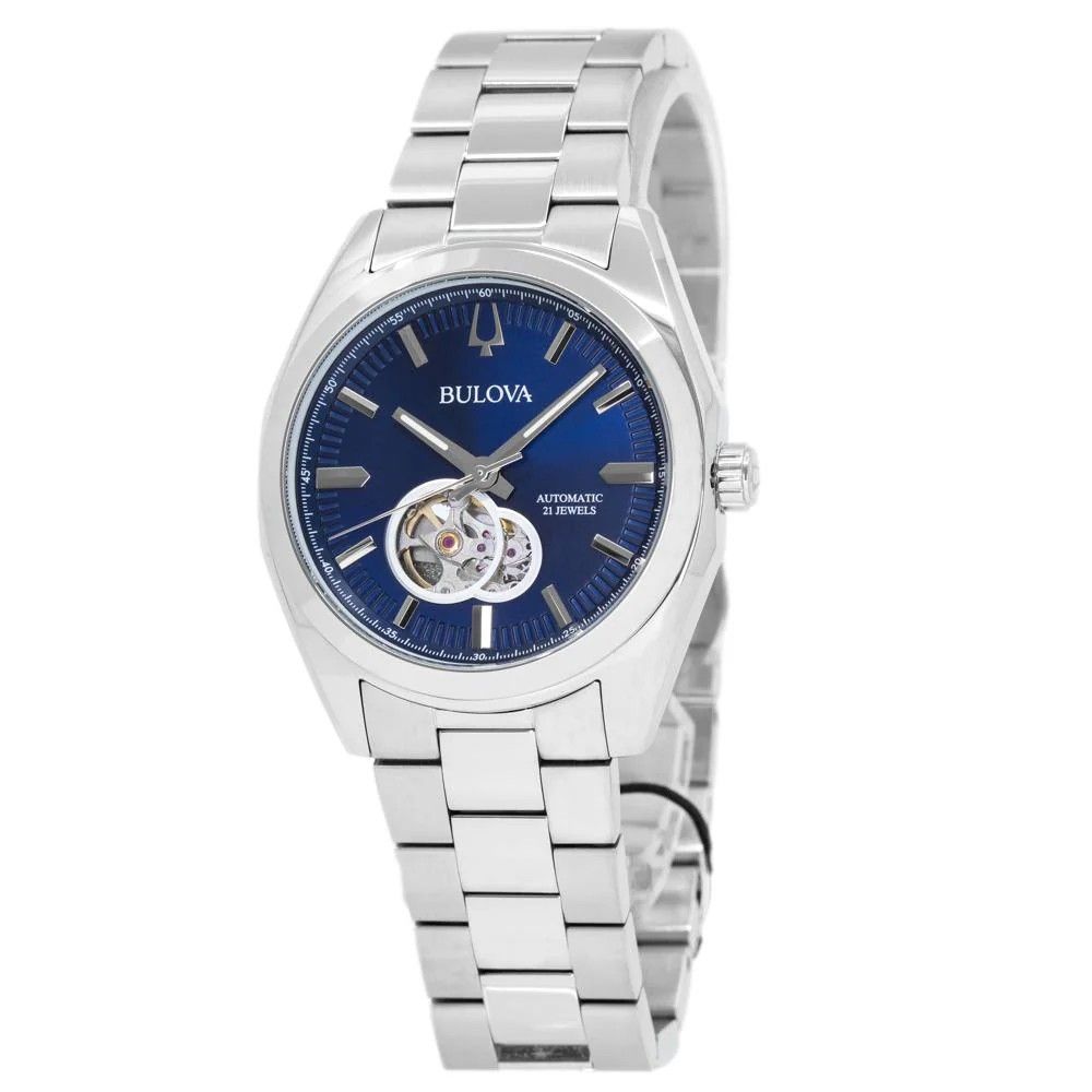 Bulova Classic Surveyor Edelstahl Blue Open Heart Dial Automatik 96A275 Herrenuhr