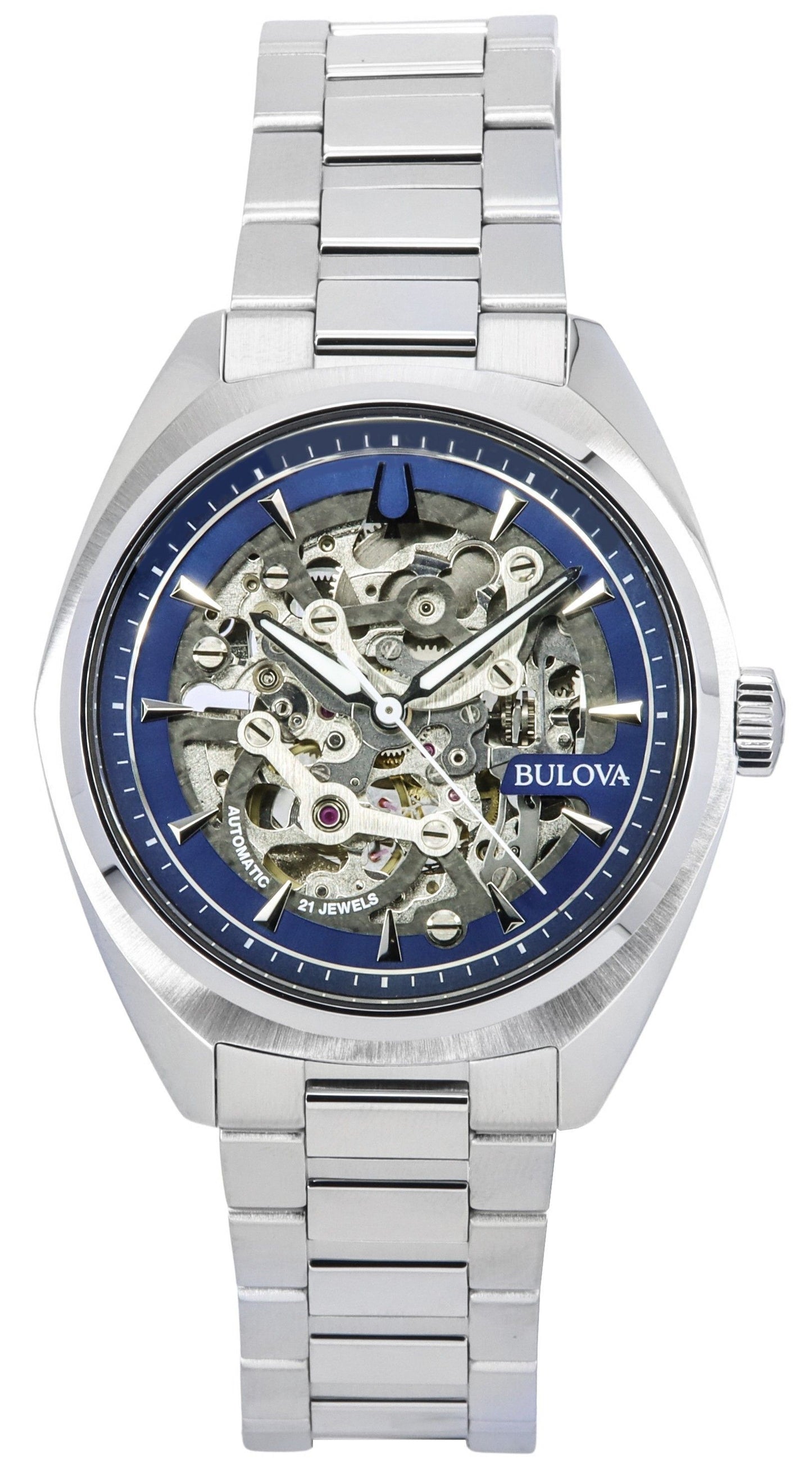 Bulova Classic Surveyor Edelstahl Blue Skelett-Zifferblatt Automatik 96A292 100M Herrenuhr