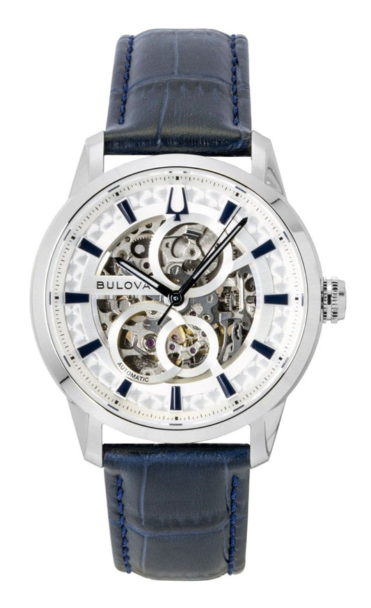 Bulova Sutton Lederarmband Silver Skeleton Automatik 96A330 Herrenuhr