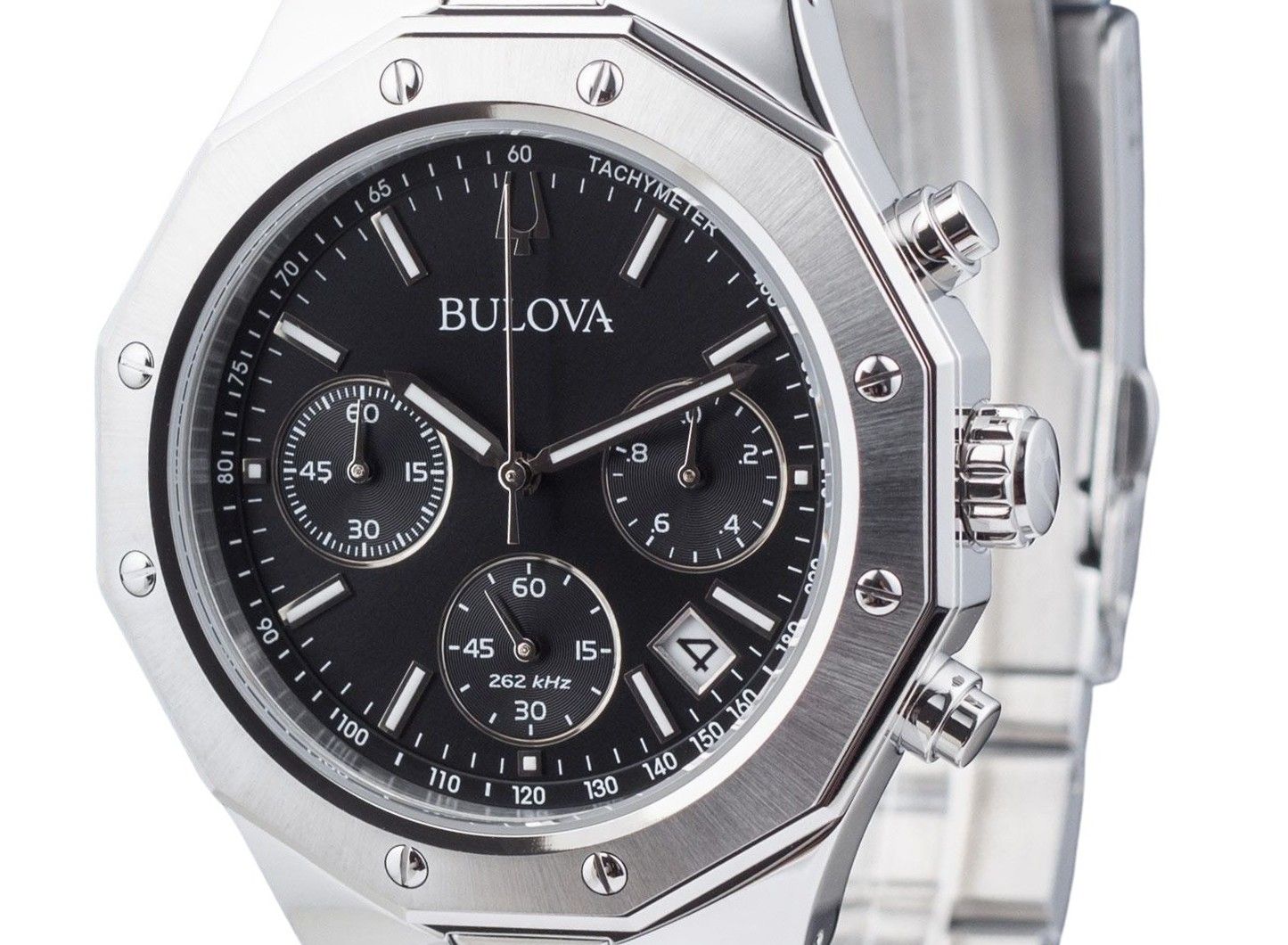 Bulova Classic Precisionist Octagon Chronograph Edelstahl Schwarzes Zifferblatt Quarz 96B410 100M Herrenuhr