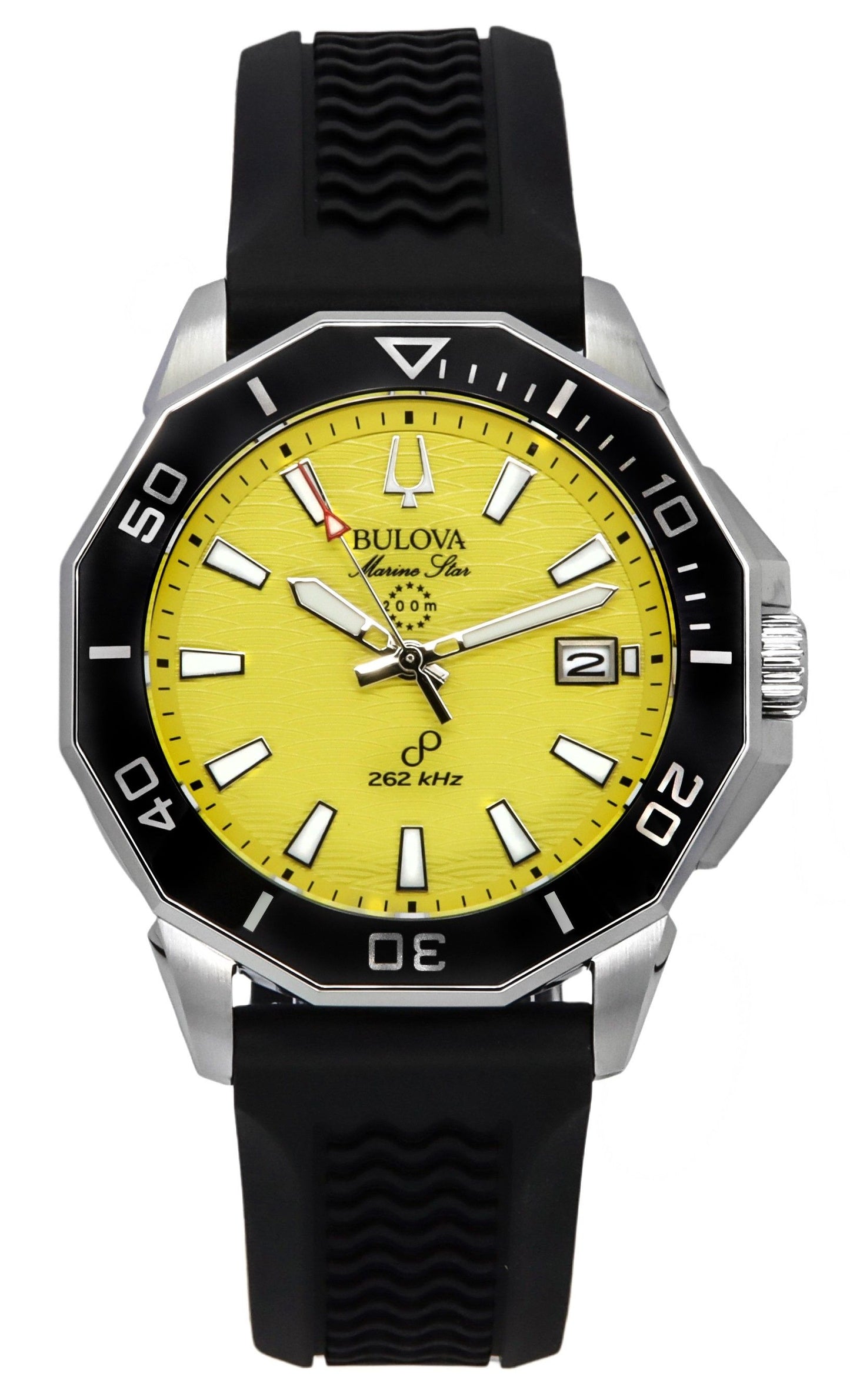 Bulova Marine Star Black Silicone Strap Yellow Dial Precisionist Quarz Taucher 200M 96B431 Herrenuhr