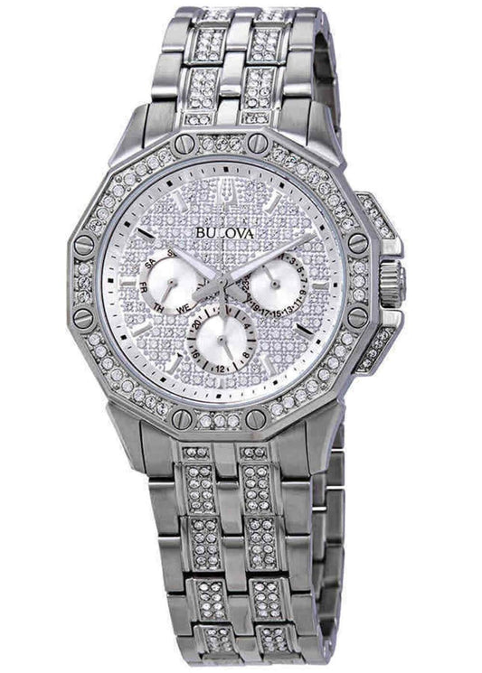Bulova Octava Crystal Accents Silver Multifunction Dial Quarz 96C134 Herrenuhr
