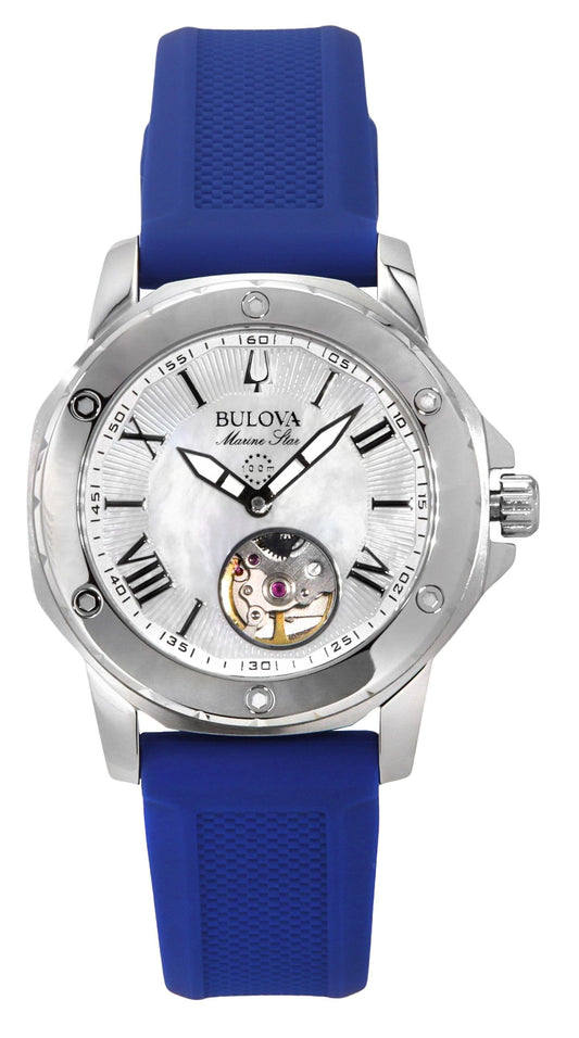 Bulova Marine Star Silicone Strap Perlmutt-Zifferblatt Automatik 96L324 100M Damenuhr