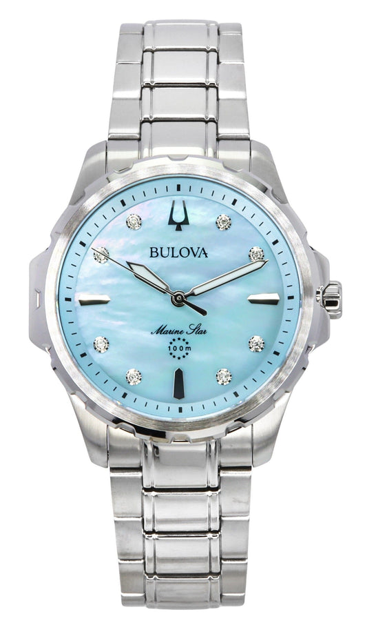 Bulova Marine Star Diamond Accents Edelstahl Blue Perlmutt-Zifferblatt Quarz 96P248 100 Damenuhr