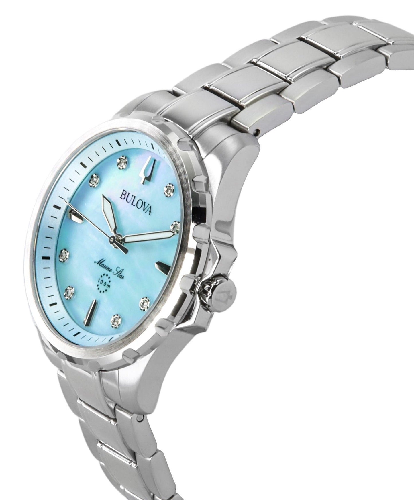 Bulova Marine Star Diamond Accents Edelstahl Blue Perlmutt-Zifferblatt Quarz 96P248 100 Damenuhr