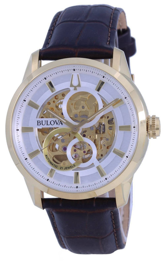 Bulova Classic Sutton Skeleton White Dial Lederarmband Automatik 97A138 Herrenuhr