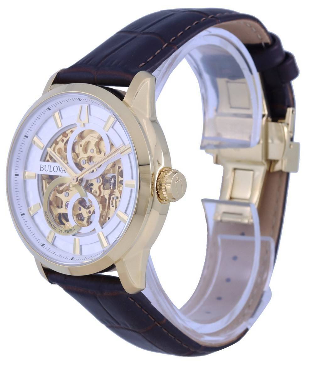 Bulova Classic Sutton Skeleton White Dial Lederarmband Automatik 97A138 Herrenuhr