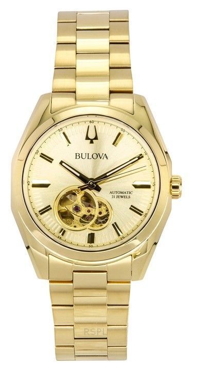 Bulova Surveyor Goldfarben Edelstahl Open Heart Champagnerfarbenes Zifferblatt Automatik 97A182 Herrenuhr