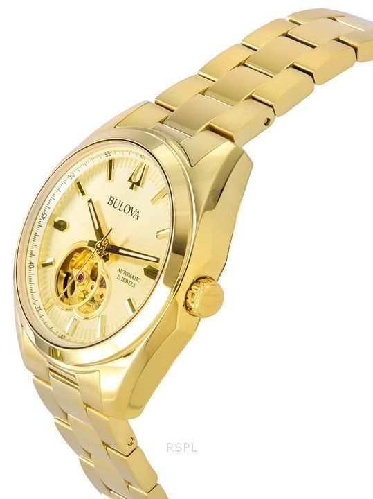 Bulova Surveyor Goldfarben Edelstahl Open Heart Champagnerfarbenes Zifferblatt Automatik 97A182 Herrenuhr