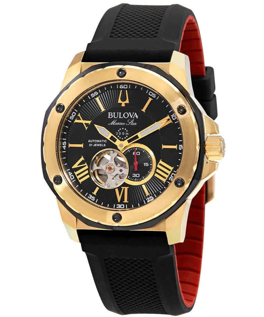 Bulova Marine Star Open Heart Schwarzes Zifferblatt Automatik Taucher 98A272 200M Herrenuhr