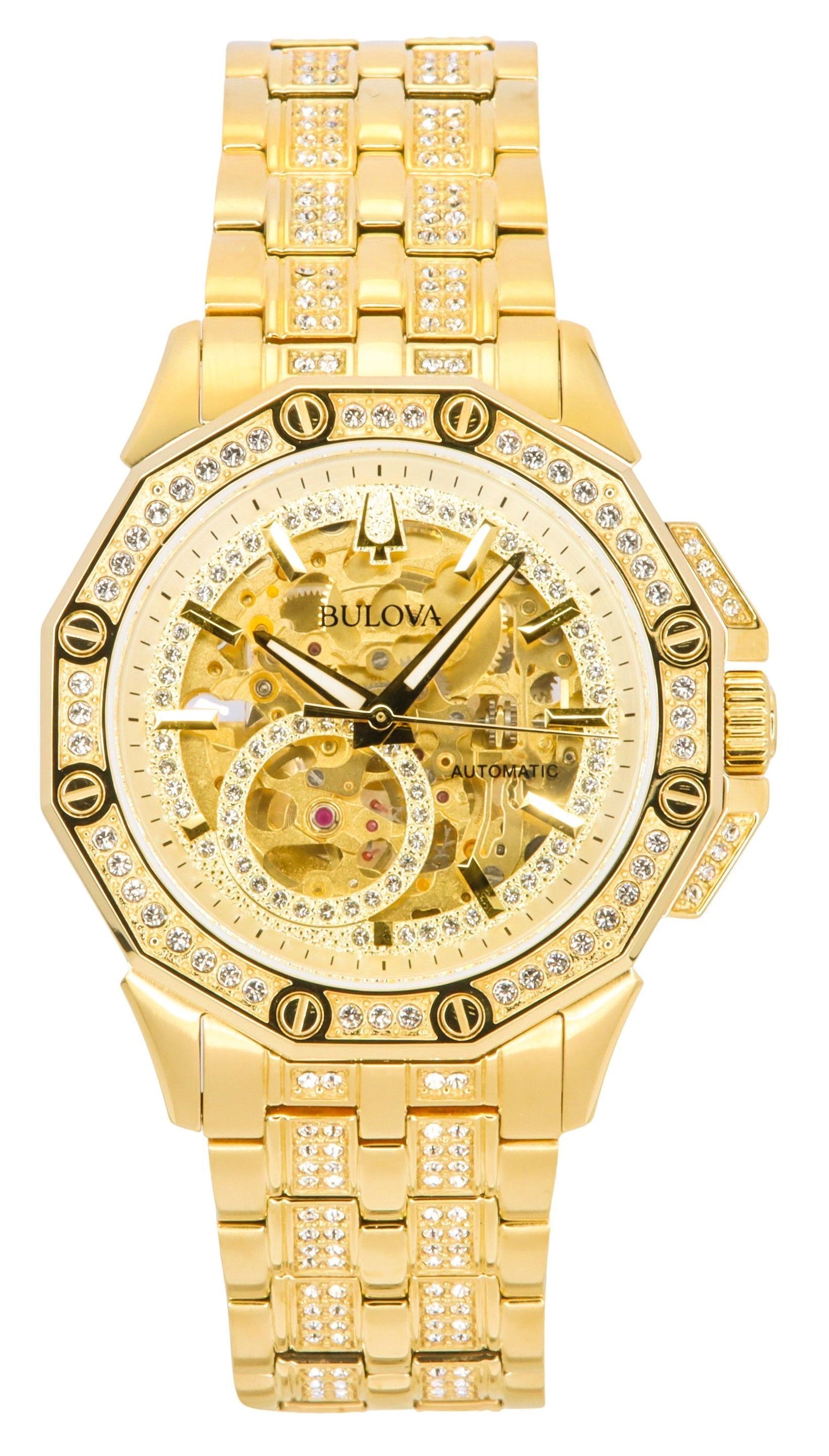 Bulova Octava Crystal Accents Edelstahl Skeleton Gold Dial Automatik 98A292 Herrenuhr