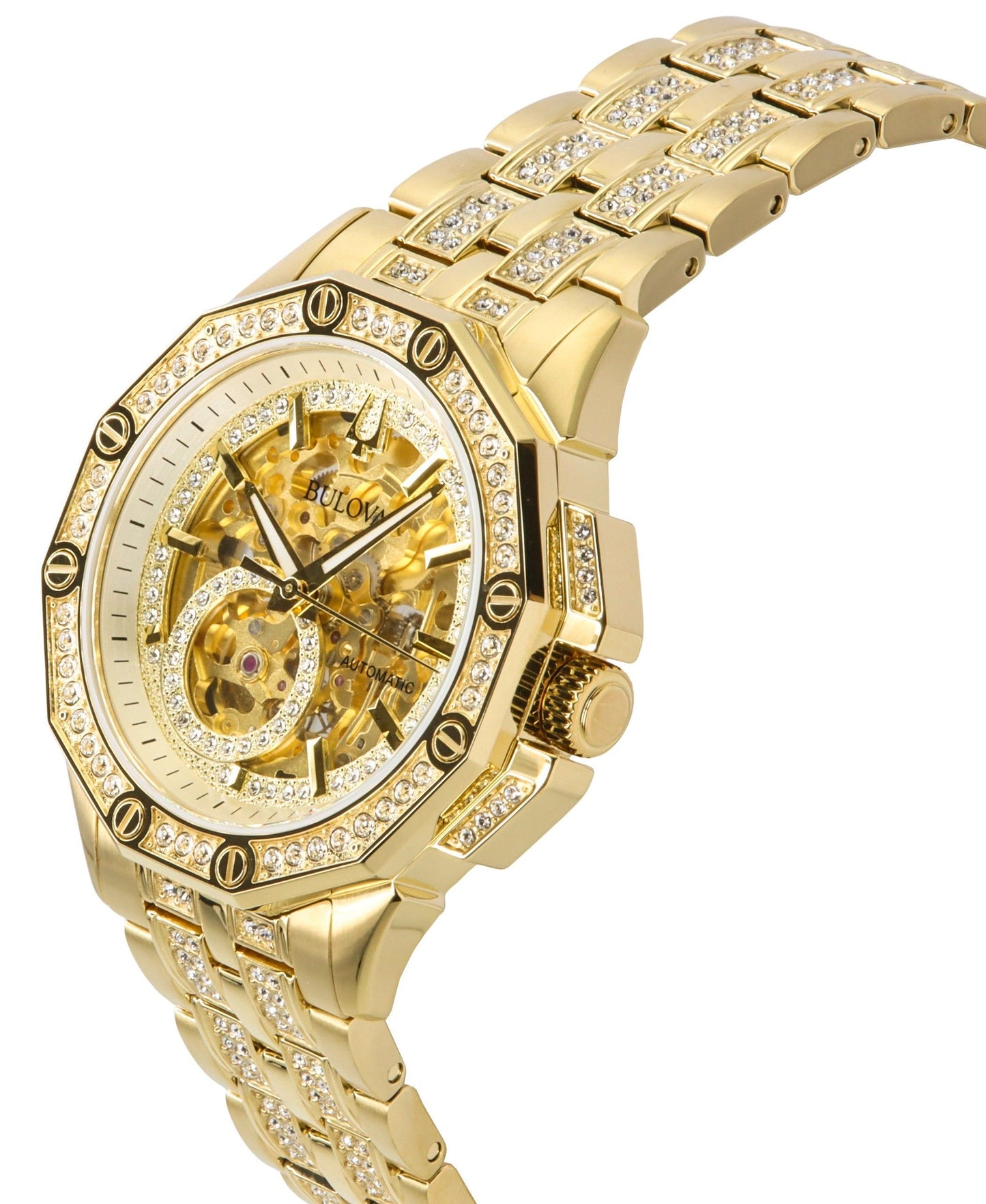 Bulova Octava Crystal Accents Edelstahl Skeleton Gold Dial Automatik 98A292 Herrenuhr