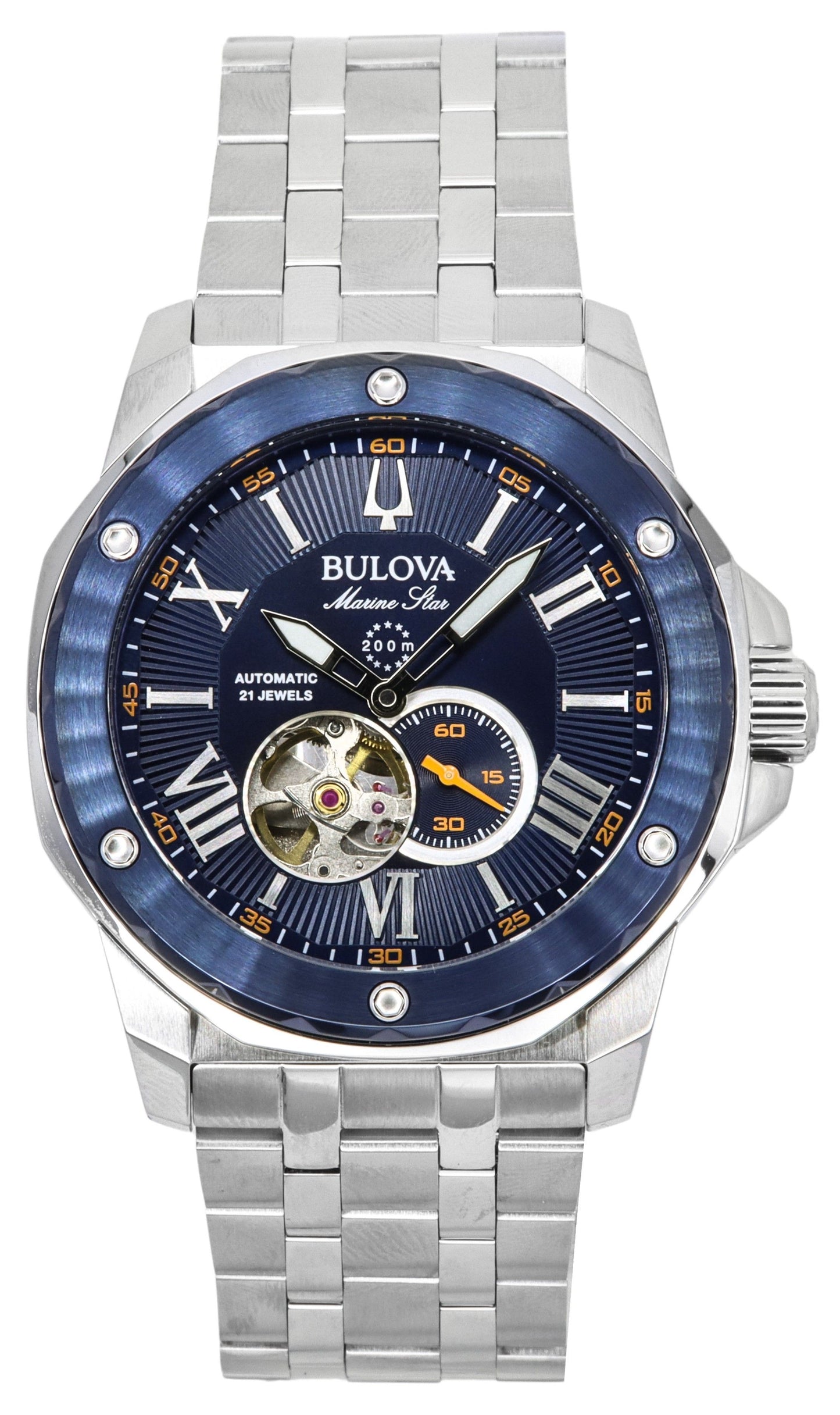 Bulova Marine Star Edelstahl Open Heart Blaues Zifferblatt Automatik 21 Jewels 98A302 200M Herrenuhr