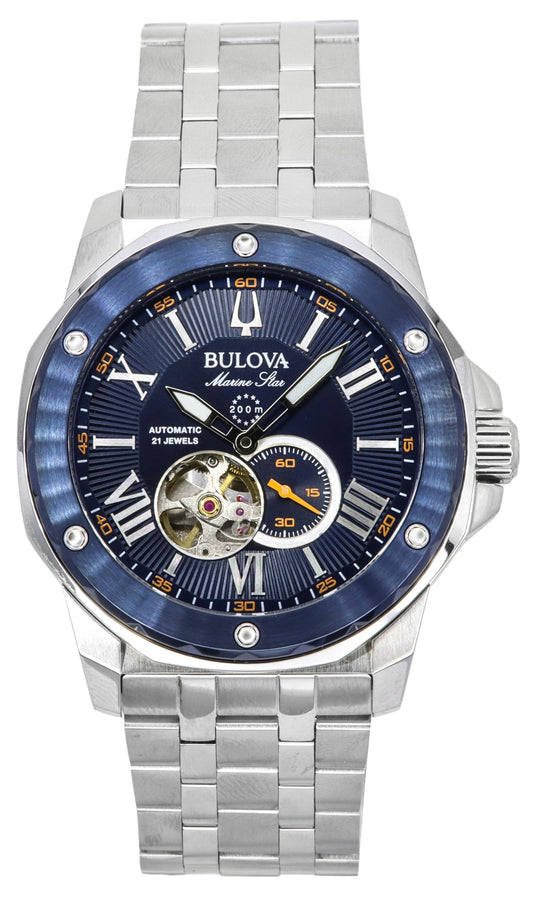 Bulova Marine Star Edelstahl Open Heart Blaues Zifferblatt Automatik 21 Jewels 98A302 200M Herrenuhr