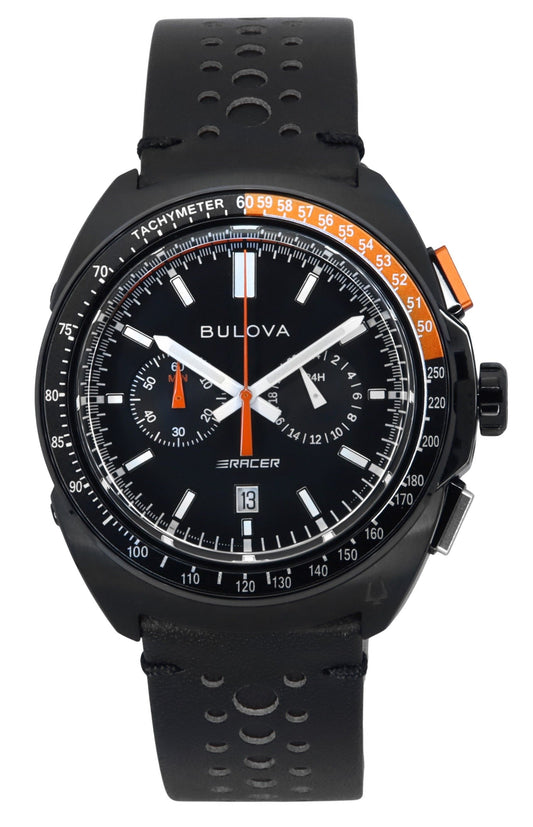 Bulova Racer Chronograph Lederarmband Schwarzes Zifferblatt Quarz 98B428 100M Herrenuhr