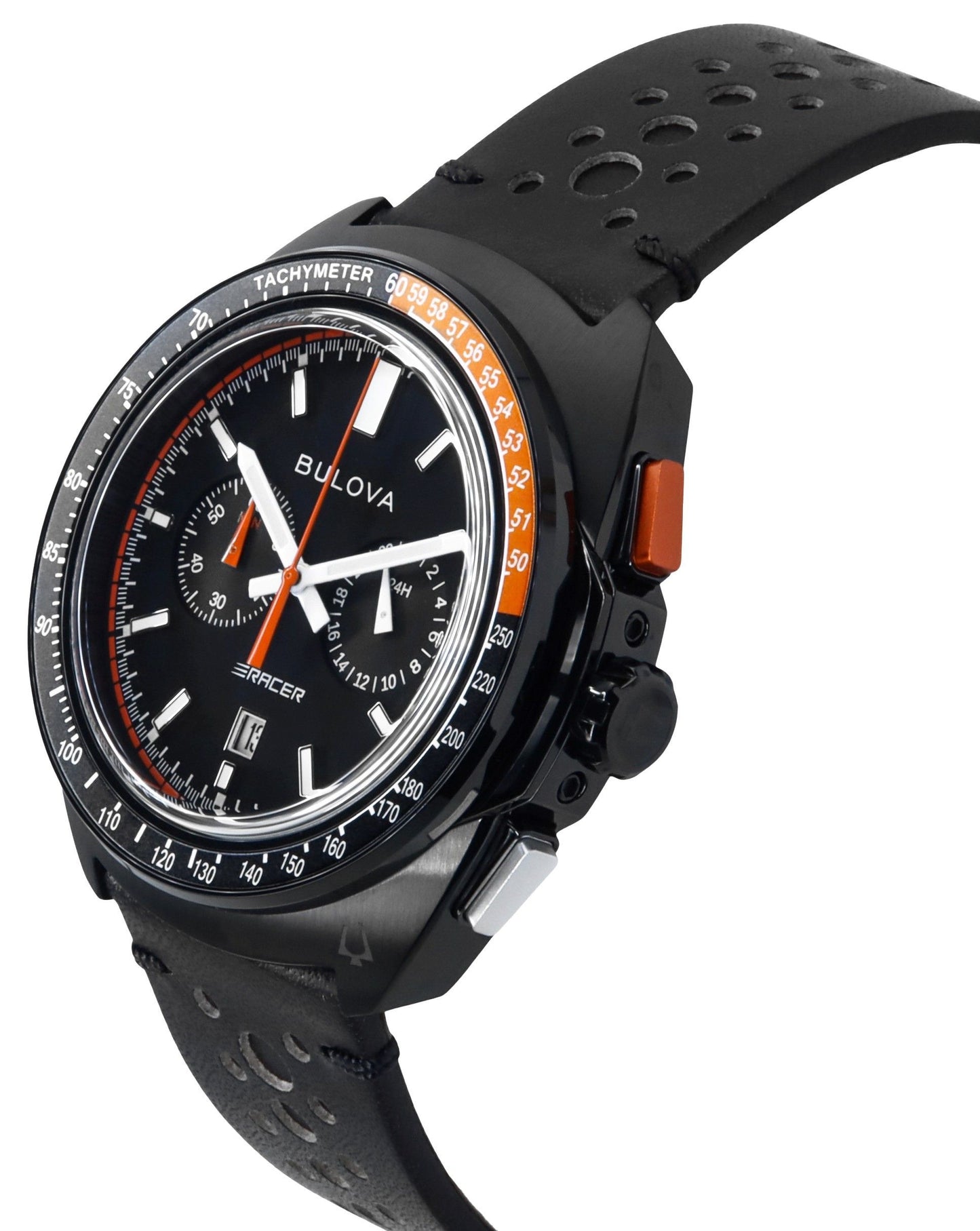 Bulova Racer Chronograph Lederarmband Schwarzes Zifferblatt Quarz 98B428 100M Herrenuhr