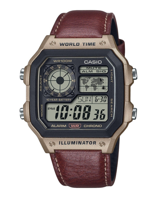 Casio Standard Digital Weltzeit Lederarmband Quarz AE-1200WHL-5AV 100M Herrenuhr