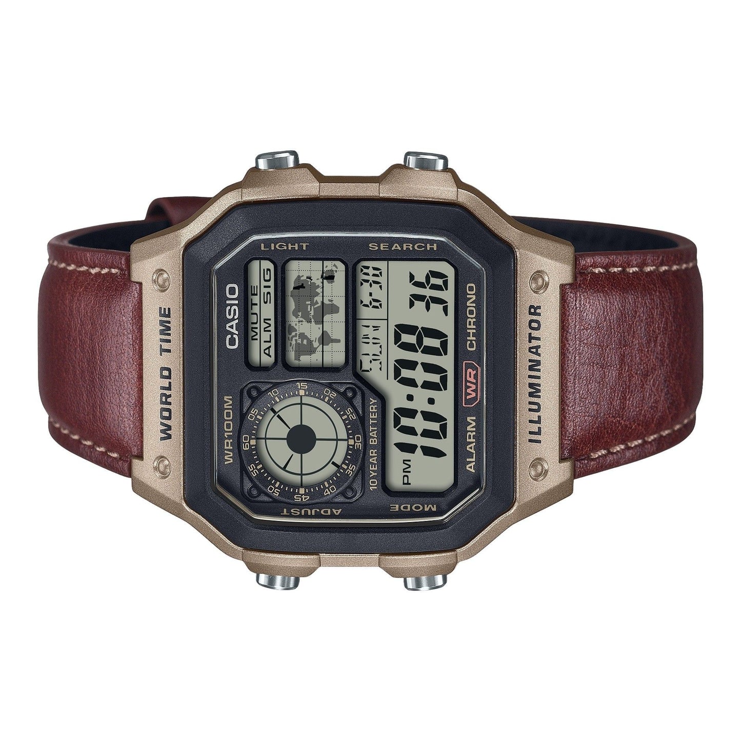 Casio Standard Digital Weltzeit Lederarmband Quarz AE-1200WHL-5AV 100M Herrenuhr