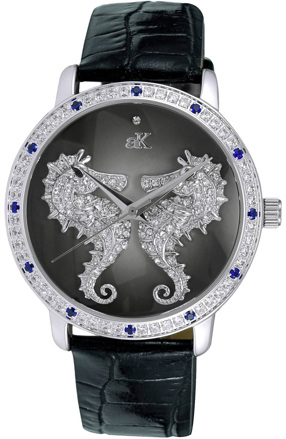 Adee Kaye Seahorsee Collection Crystal Accents Schwarzes Zifferblatt Quarz AK2002-LBU Damenuhr