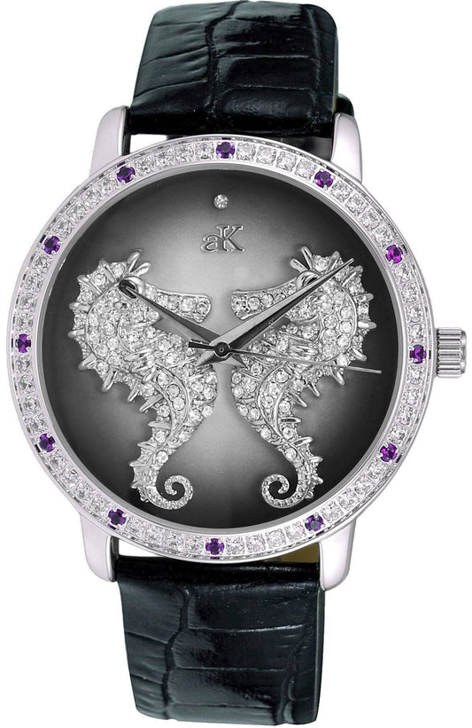 Adee Kaye Seahorsee Crystal Accents Schwarzes Zifferblatt Quarz AK2002-LPU Damenuhr