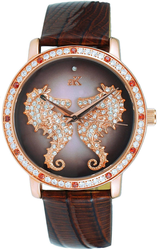 Adee Kaye Seahorsee Collection Crystal Accents Braunes Zifferblatt Quarz AK2002-LRG Damenuhr