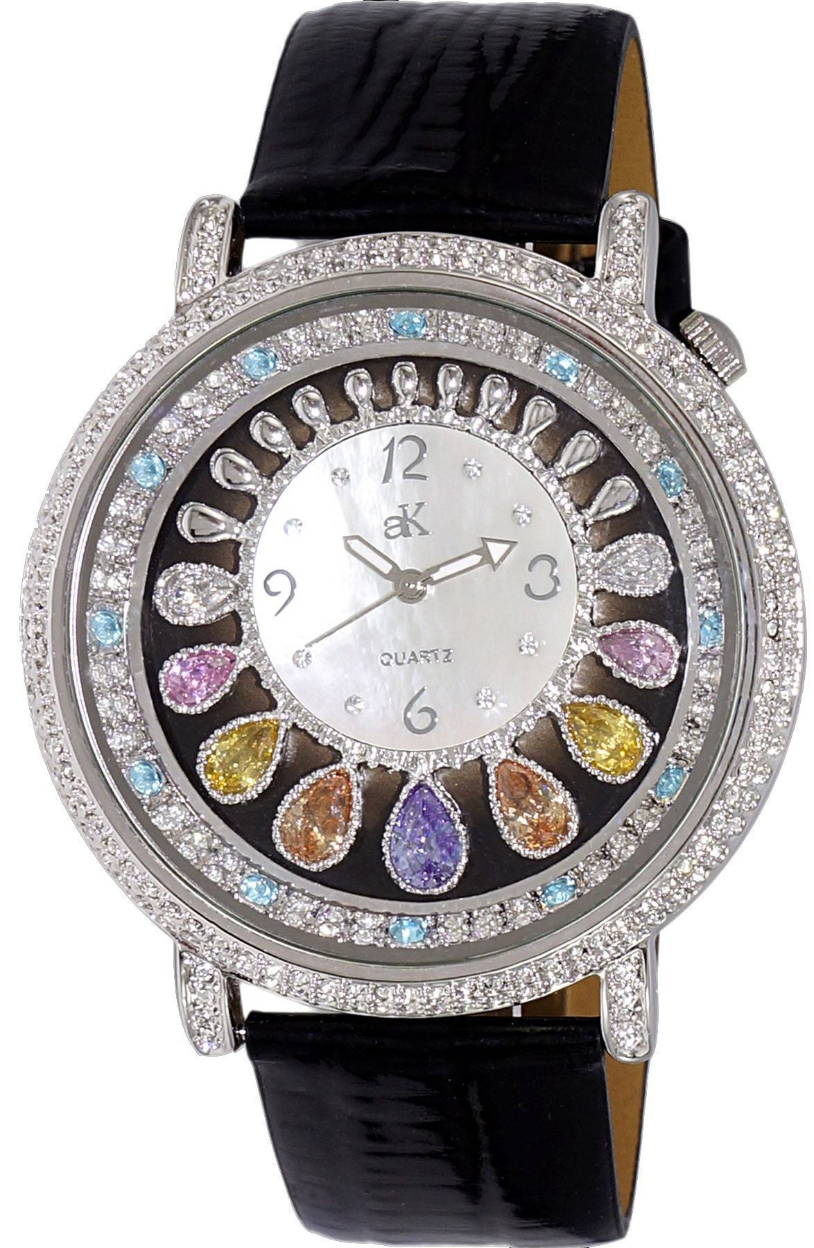Adee Kaye Tear Drop Collection Crystal Accents White Perlmutt-Zifferblatt Quarz AK2112-L Damenuhr