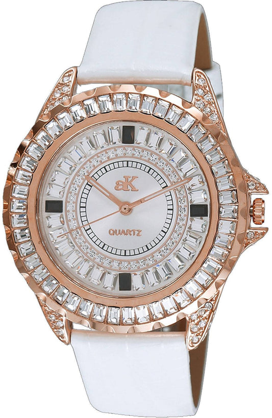 Adee Kaye Mondo G-3 Collection Crystal Accents Sunray Brass Rhodium Plated Dial Quarz AK2727-R Damenuhr