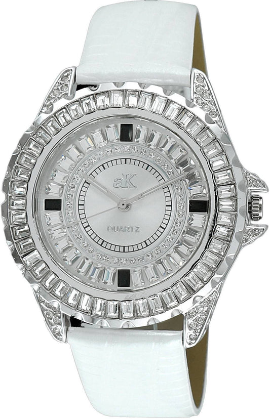 Adee Kaye Mondo G-3 Collection Crystal Accents Silver Brass Rhodium Plated Dial Quarz AK2727-S Damenuhr
