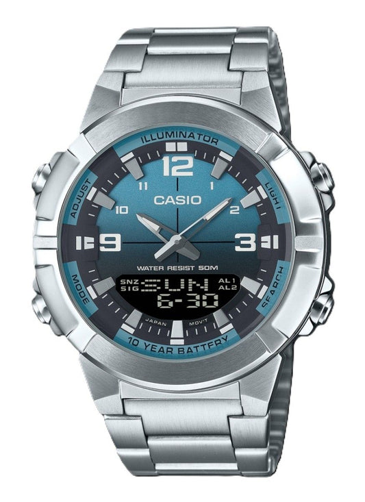 Casio Analog Digital Combination Edelstahl Light Blaues Zifferblatt Quarz AMW-870DA-2A2V Herrenuhr