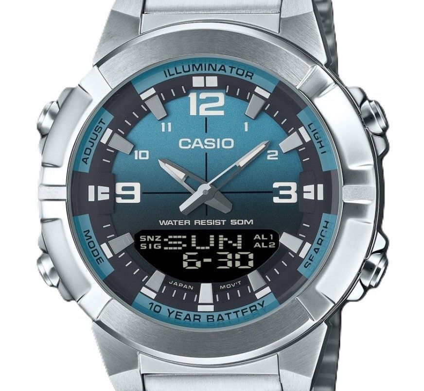 Casio Analog Digital Combination Edelstahl Light Blaues Zifferblatt Quarz AMW-870DA-2A2V Herrenuhr