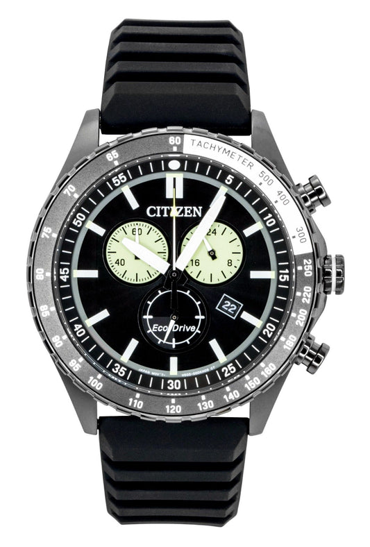 Citizen Eco-Drive Chronograph Silicone Strap Schwarzes Zifferblatt Solar AT2565-05E 100M Herrenuhr
