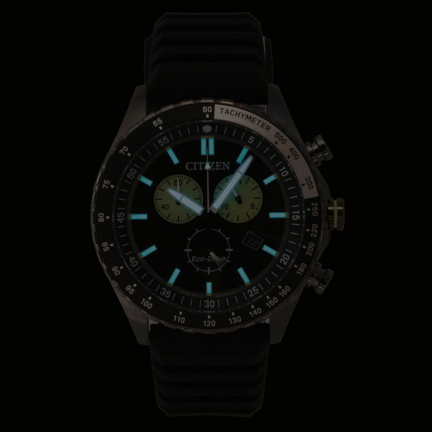 Citizen Eco-Drive Chronograph Silicone Strap Schwarzes Zifferblatt Solar AT2565-05E 100M Herrenuhr