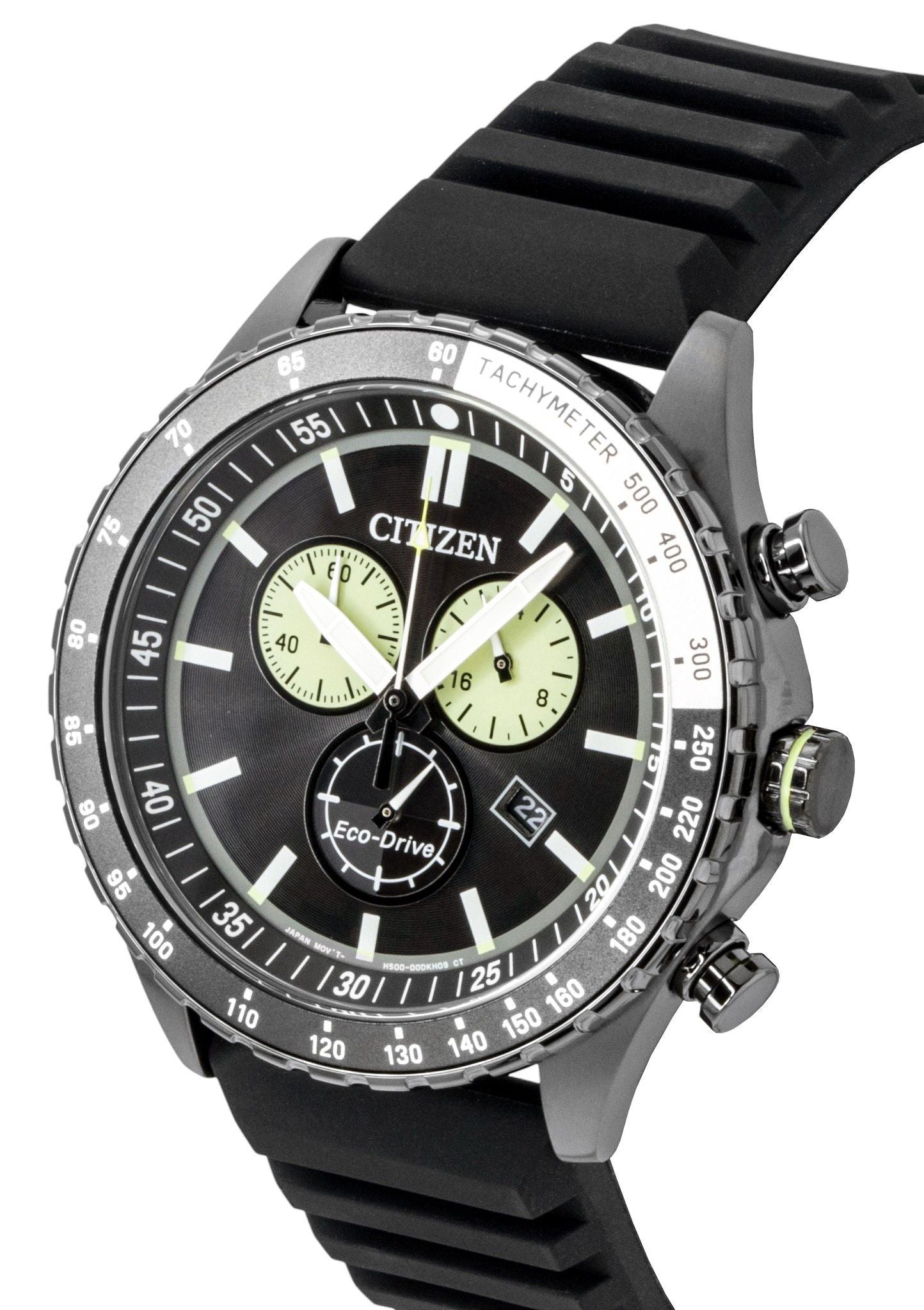 Citizen Eco-Drive Chronograph Silicone Strap Schwarzes Zifferblatt Solar AT2565-05E 100M Herrenuhr