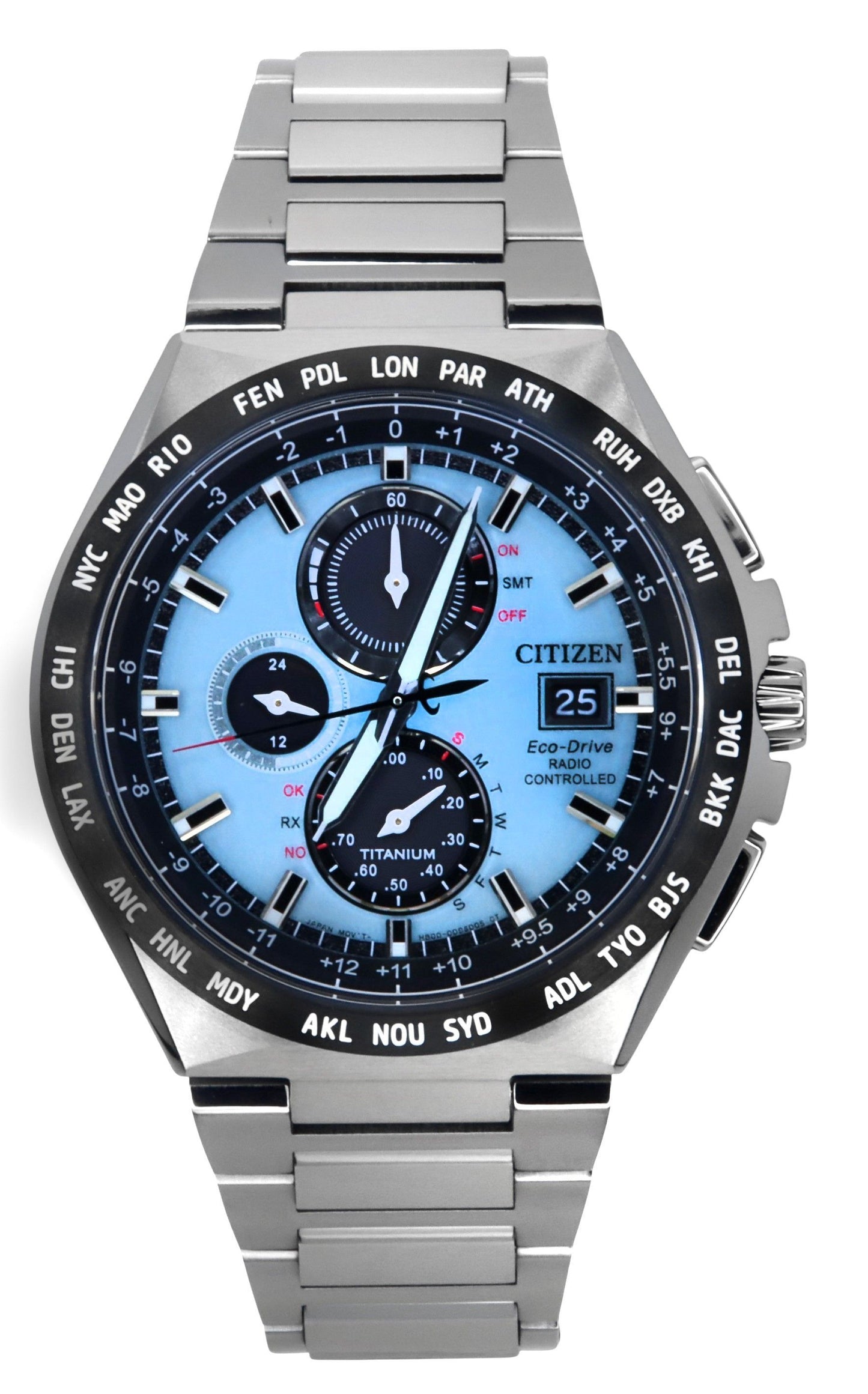 Citizen Eco-Drive Radio Controlled GMT Chronograph Super Titanium Light Blaues Zifferblatt AT8238-84M 100M Herrenuhr