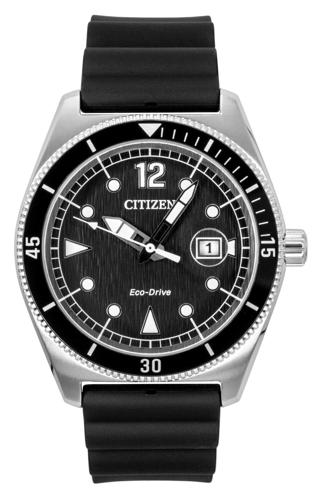 Citizen Eco-Drive Black Rubber Strap Schwarzes Zifferblatt Solar AW1889-00E 100M Herrenuhr