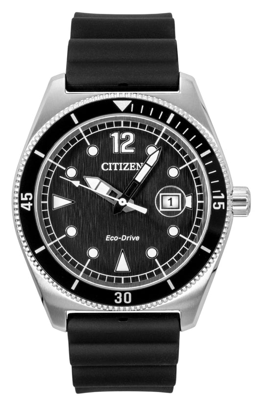 Citizen Eco-Drive Black Rubber Strap Schwarzes Zifferblatt Solar AW1889-00E 100M Herrenuhr