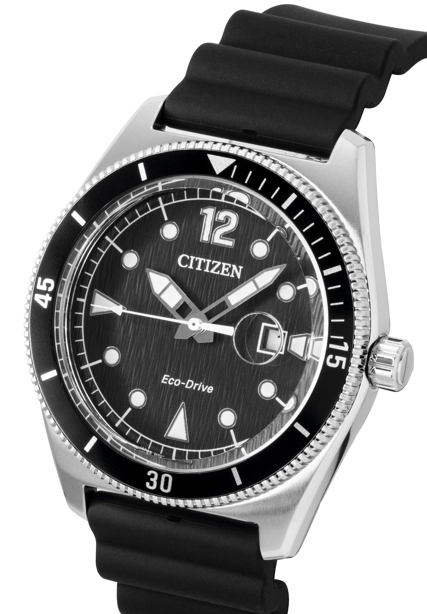 Citizen Eco-Drive Black Rubber Strap Schwarzes Zifferblatt Solar AW1889-00E 100M Herrenuhr